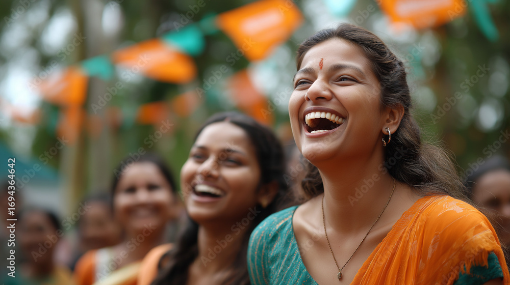 Fototapeta premium A dynamic modak eating contest at a Ganesh Chaturthi community event participants laughing as they race to eat sweets cheering crowd and festive banners modak contest Ganesh