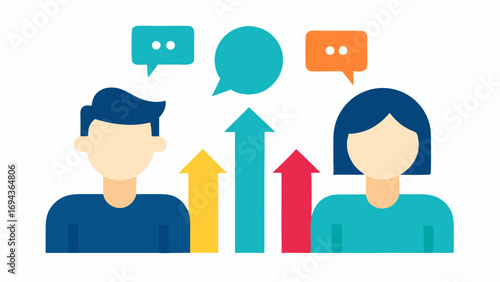 Feedback and Growth Two individuals involved in a performance review discussion with visual indicators of growth like arrows moving upward and constructive feedback.