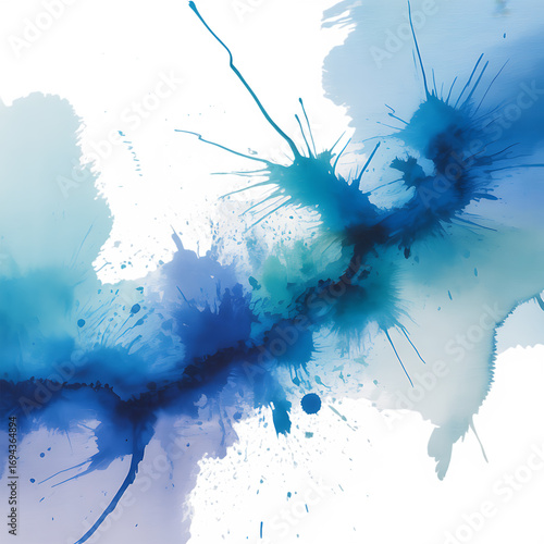 Dynamic blue ink splashes create abstract art with vibrant energy and fluid motion, perfect for modern design projects.