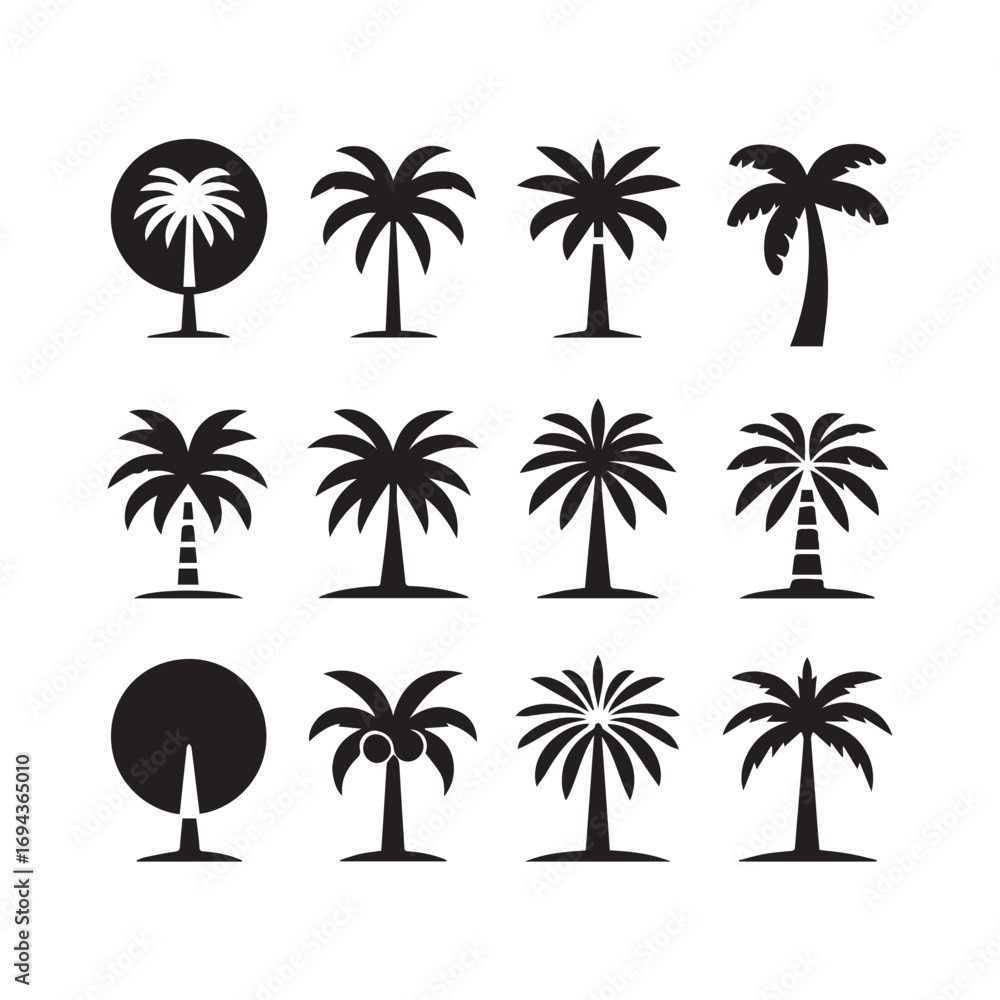 Fototapeta premium Palm Tree Icon Set – Tropical Silhouette Vector Collection