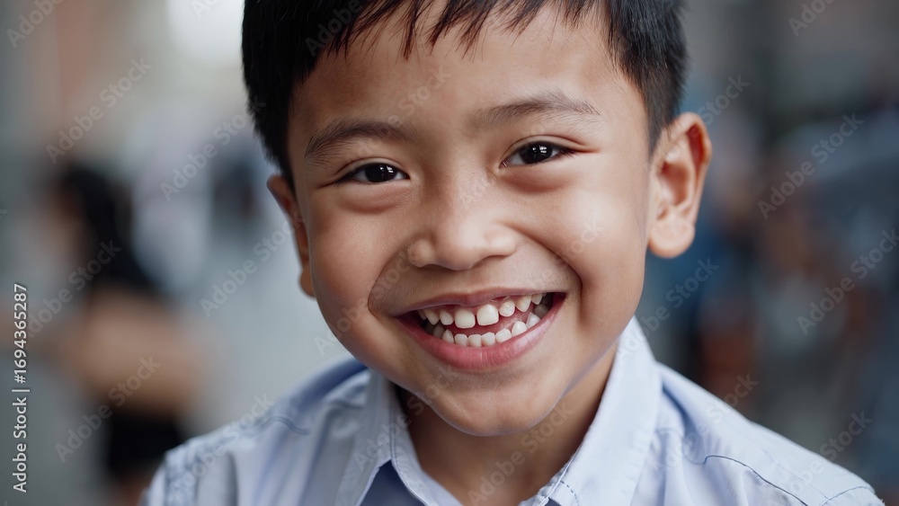 Naklejka premium Young boy smiling. Man in shirt with hat and a hat on. A casual street with a sand castle on the background. A smiling young boy lifestyle.