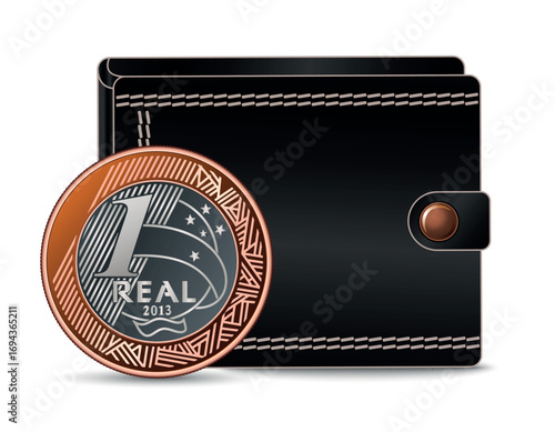 Brazilian money with a wallet in the background. A 1 real coin next to the wallet.
