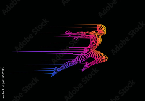Dynamic runner with colorful lines showing speed and energy.