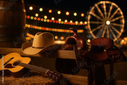 Cowboy hat with rodeo saddle, acoustic guitar, carnival lights, ferris wheel, and fairground barrels for state fair celebration visuals