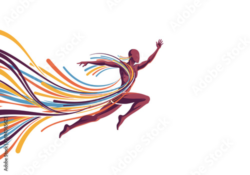Dynamic human figure leaping with vibrant flowing lines.
