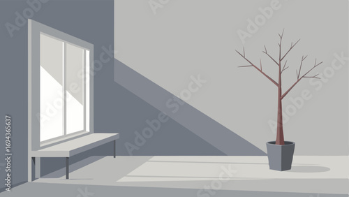 A minimalist bedroom with a single potted tree by the window casting shadows on the white walls.
