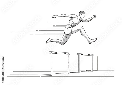 Male athlete jumping over hurdles in a track and field race.
