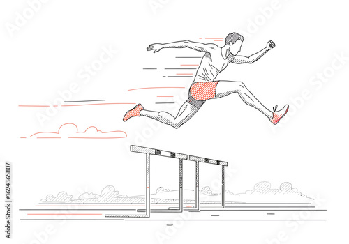 Male athlete jumping over hurdle during track and field event.