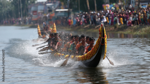A lively Onam boat race (Vallamkali) on a Kerala backwater dragon shaped boats with rowers in sync crowds cheering from the riverbanks vibrant water splashing under a bright sun