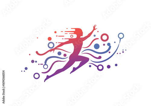 Dynamic Human Figure Leaping with Abstract Digital Flow.