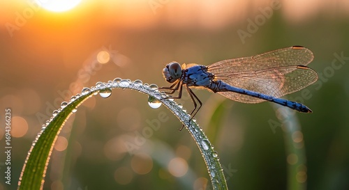 Macro shot of a dragonfly landing on a dewy blade of grass at sunrise.