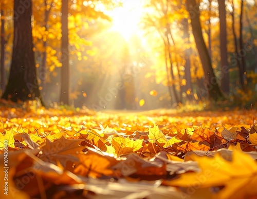 Golden autumn forest path bathed in warm sunlight, with a carpet of vibrant fallen leaves creating a serene natural landscape