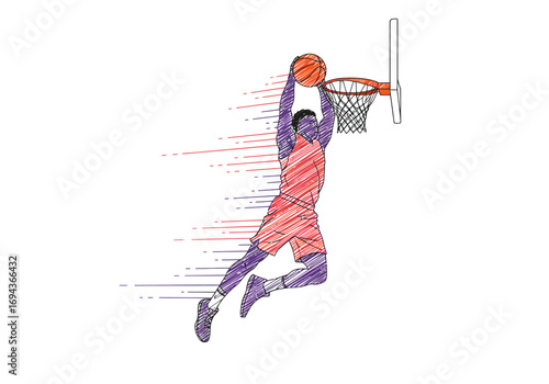 Dynamic basketball player dunking with artistic motion lines.