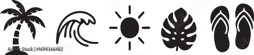 Vector Minimalist Tropical Summer Icons Set: Palm Tree, Wave, Sun, Monstera Leaf and Flip-flops
