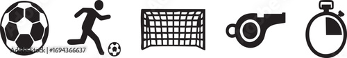 Soccer and Football Sport Icons Set: Ball, Player, Goal, Whistle, Stopwatch - Vector Elements