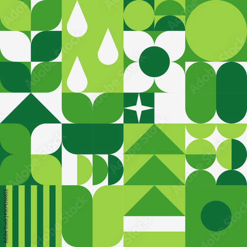 Seamless abstract geometric pattern with nature-inspired elements: flowers, leaves, trees, drops, and simple shapes in green, yellow, and blue colors. Perfect for textile prints, wallpapers, wrapping 