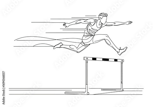 Male athlete jumping hurdle in track and field race line art illustration of speed and agility.