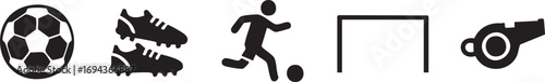 Complete Soccer Football Icon Set - Essential Elements for the Game, Player, Ball, Boots, Goal, and Whistle Vector Symbols