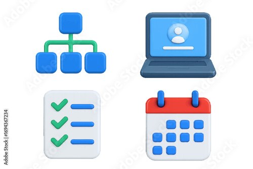 3D icon set for project management and business organization with calendar, checklist, flowchart, and user profile on laptop