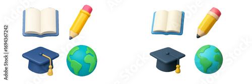 3D education icon set with graduation cap, open book, pencil, and globe symbols for school, university, and learning concepts