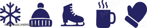 Vector Winter Icons Set: Snowflake, Beanie, Ice Skate, Hot Drink Mug, and Mitten. Essential cold weather symbols for seasonal design.