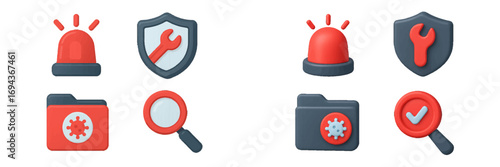 Cybersecurity and antivirus icon set with 3D and flat design styles for data protection and system alerts