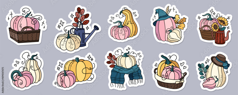 Obraz premium Warm and cozy autumn pumpkin sticker pack, ideal for seasonal decor, greeting cards, or planners.