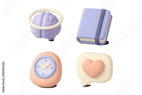 Set of 3D icons representing mental health, knowledge, time management, and social media engagement with a brain, notebook, clock, and heart symbol