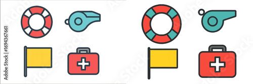 Lifeguard equipment with lifebuoy, whistle, first aid kit, and safety flag for water rescue and emergency situations