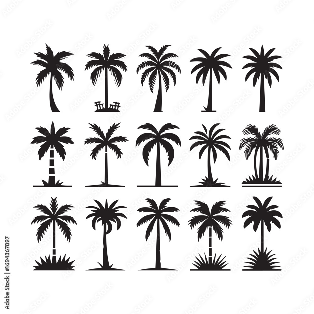 Fototapeta premium Palm Tree Icon Set — Tropical Silhouette Vector and Logo