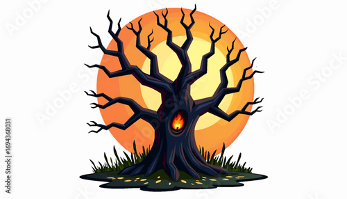 Halloween Sticker: Cartoon Gnarled Tree with Fire in Hollow Against Orange Sunset