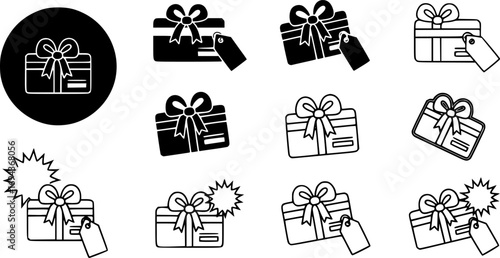 Gift card icon vector set in black flat and line stroke style