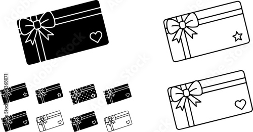 Gift card icon vector set in black flat and line stroke style