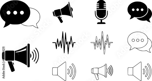 Voice and communication icon vector set in black flat and line stroke style