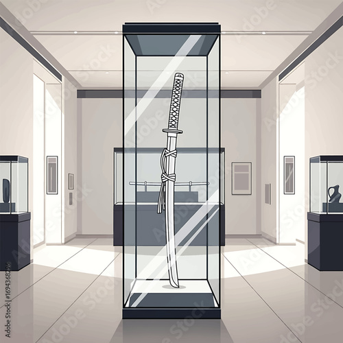 Japanese katana sword displayed in a museum setting