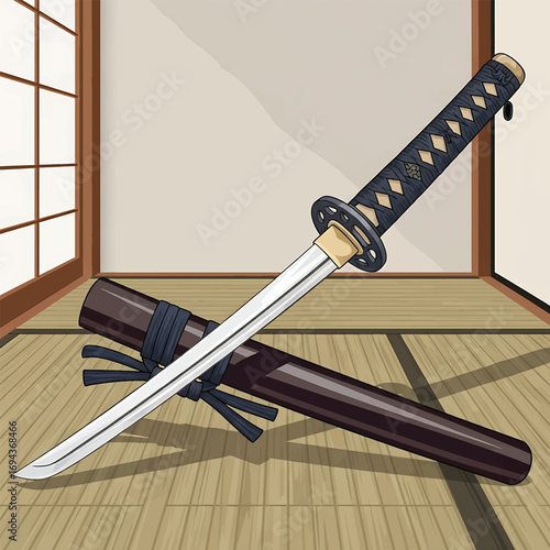 Katana resting on a traditional tatami mat illustration