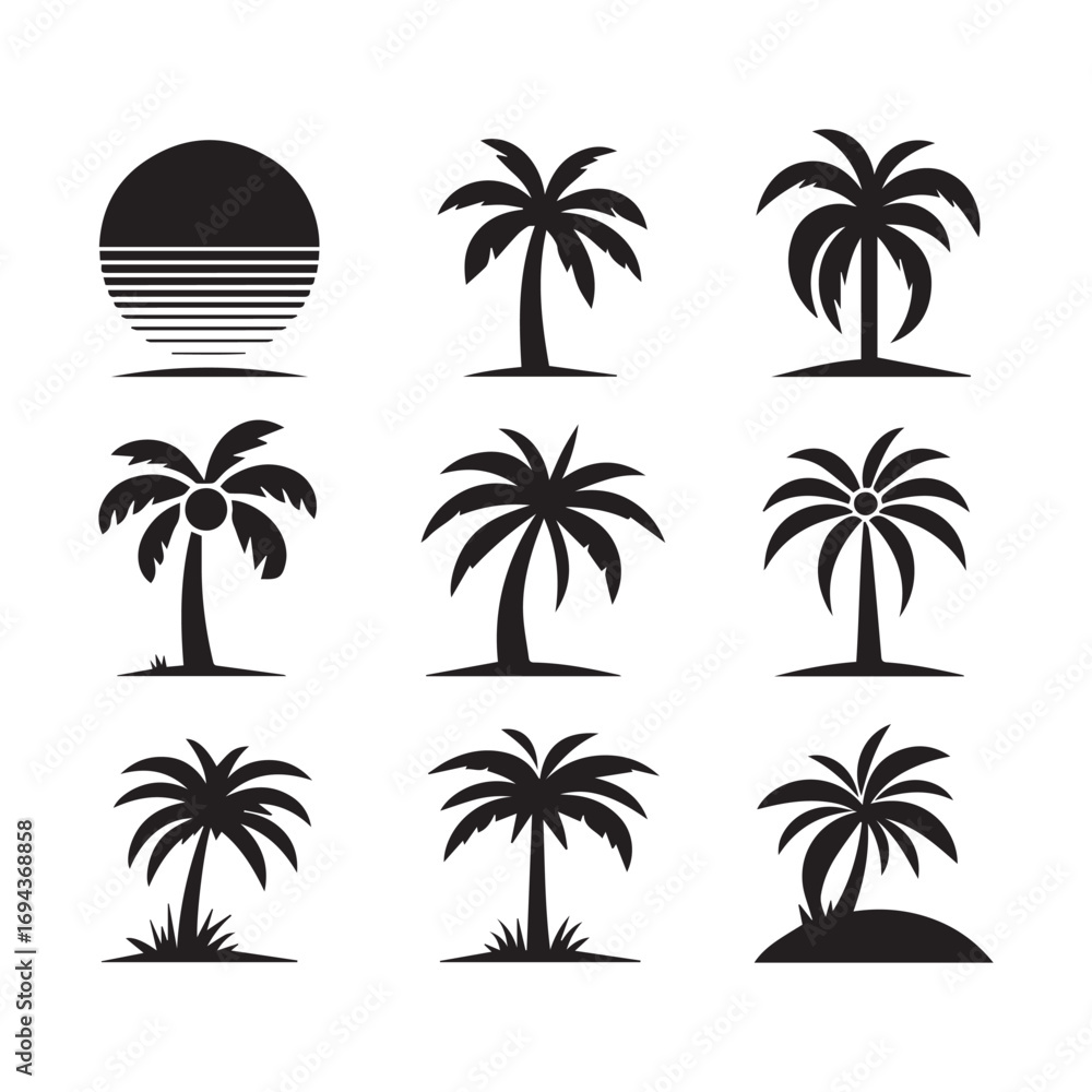 Naklejka premium Palm Tree Icon Set — Tropical Silhouette Vector and Logo