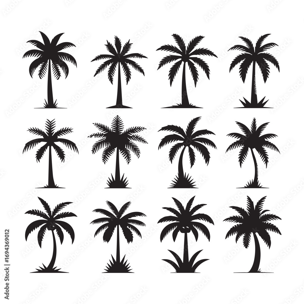 Fototapeta premium Palm Tree Icon Set — Tropical Silhouette Vector and Logo
