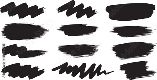 Black Brush Strokes Set: Grunge Paint Swatches, Hand-Drawn Ink Textures & Abstract Vector Elements for Design
