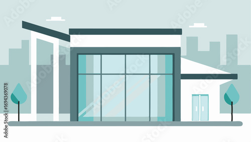 Exterior View An illustration of a sleek modern building with large glass windows and a minimalist design. The sign above the entrance reads Cryotherapy Center in bold clean