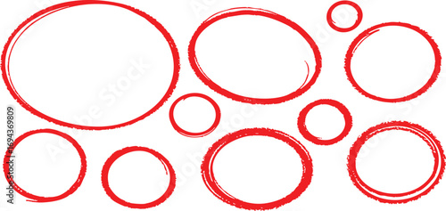 Red Hand Drawn Circles and Ovals Set - Sketchy Highlighter Rings on White. Imperfect Doodle Elements 