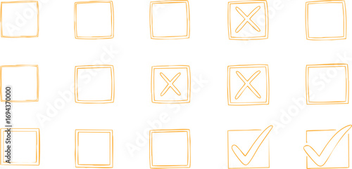 Hand-Drawn Checkbox Grid: Tick Marks, Crosses, and Empty Squares for Surveys and Decisions