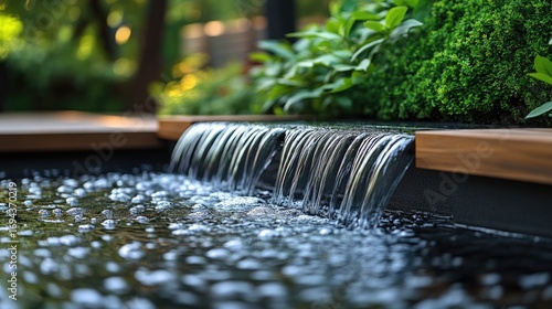 Outdoor Water Feature Cascading Over Rocks in Lush Garden