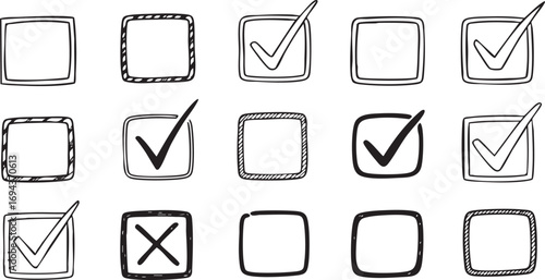 Hand-Drawn Checkboxes and Marks Vector Set: Doodle Style Check, X, and Empty Boxes