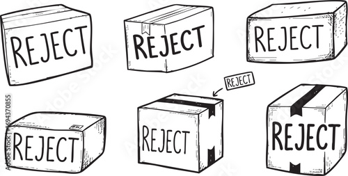 Rejected Pile: Hand-drawn Cardboard Boxes Labeled reject Illustrating Exclusion, Failure, or Refusal