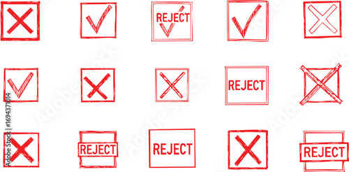 Grunge Red Rubber Stamp Marks Collection: Checkmark, Cross, and REJECT Signs for Approval or Denial