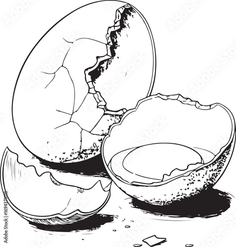 Cracked Egg Vector Illustration, Simple Doodle Sketch Drawing Line Linear Symbol Icon Coloring Book, Hand-drawn Black and White Isolated