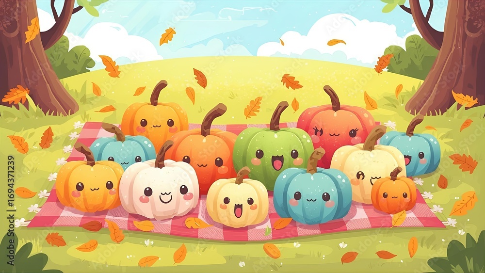 Naklejka premium A cute and cheerful cartoon illustration of happy pumpkin characters in a vibrant field, celebrating the joy and fun of the autumn season