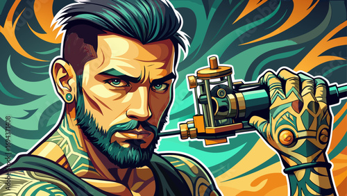  Close-up portrait of male tattoo artist holding tattoo machine. Isolated background emphasizes creativity, boldness, and individuality.