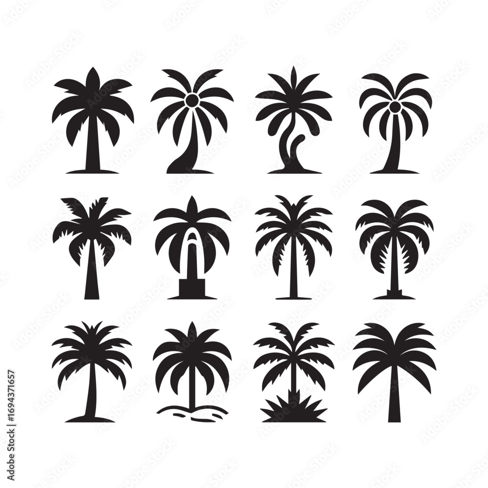 Fototapeta premium Palm Tree Icon Set – Tropical Vector Illustrations Collection